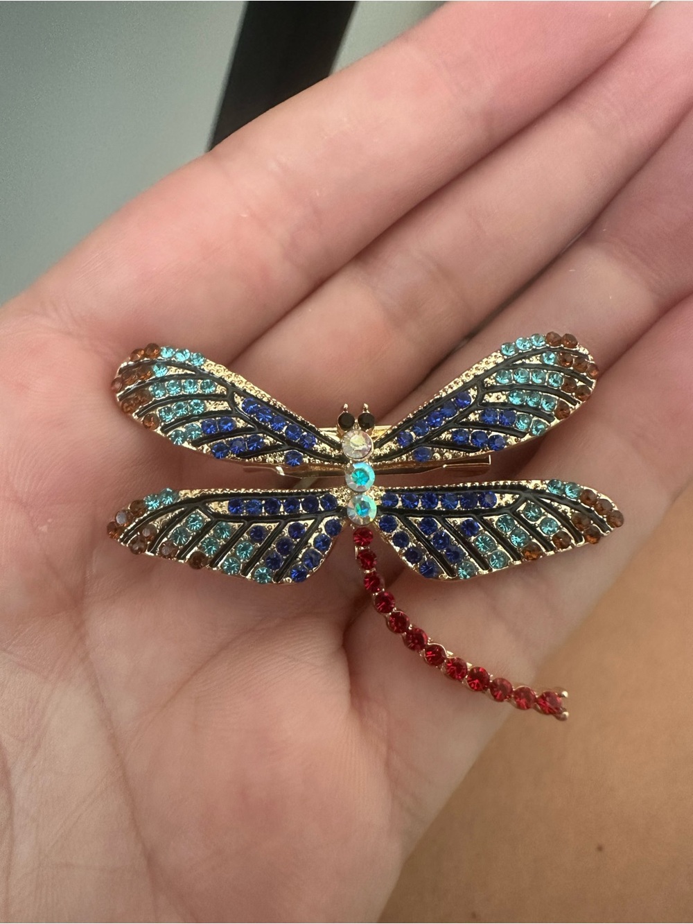 Gold-Tone Multicolor Dragonfly Brooch - Blue, Teal, Red Crystal rhinestones